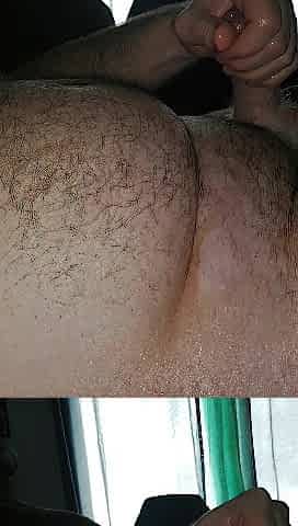 Overweight grandpa jerking his hard knob and cumming on his plump stomach