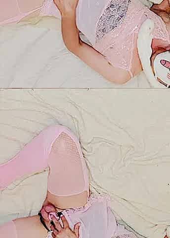 Sissy gets sexy rubbing love button then rides penis with squirting handsfree climax