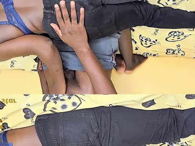 An Afro woman takes off her constricted jeans to complete her visit to her boyfriend's abode.