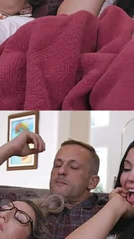 Horny Stepdaughter Sucks and Fucks Her Stepdad's Dick Right Next to Her Dozing Stepmom
