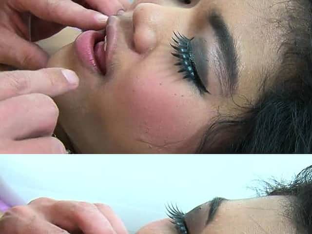 Spreading her hairy muff then fucking it real deep