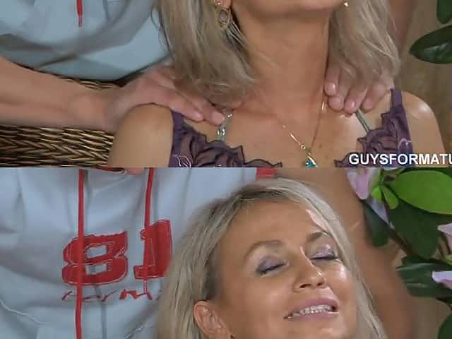 Godson cums on his aun't tits after fucking her mature pussy
