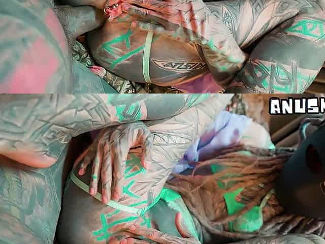 Tattooed, masked gal gets anal screwed and ends up with her snatch trickling in cum