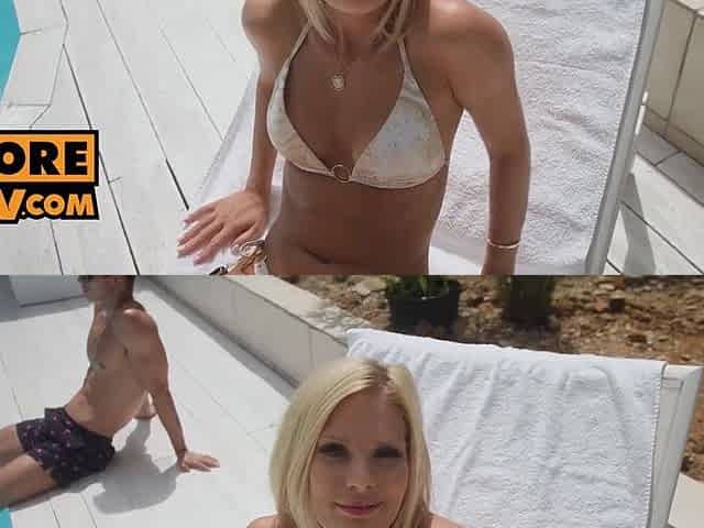 Small blond Candee Licious relishes a hawt spitroast trio