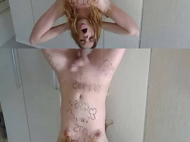 Just a femboy fuckdoll addicted to porn humiliating herself for the camera with captions written in her body.