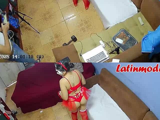 Backstage. Hawt model posing in Christmas outfit. Subscribe to see close-ups and screw