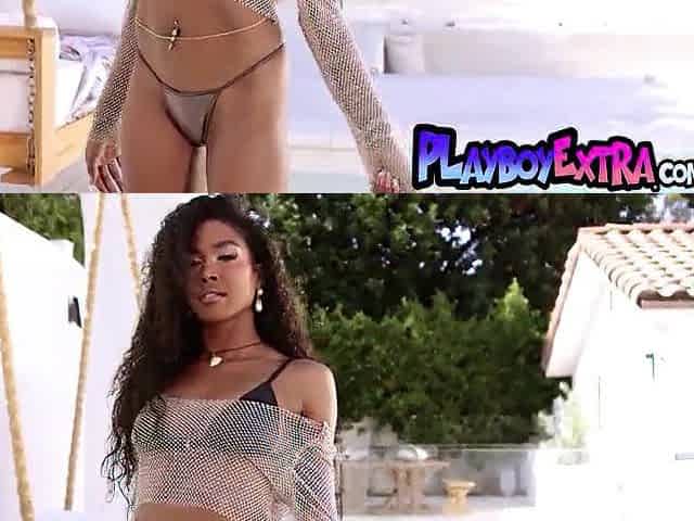Stripped black teen Mia Love showing her excellent ebony cunt in the pool