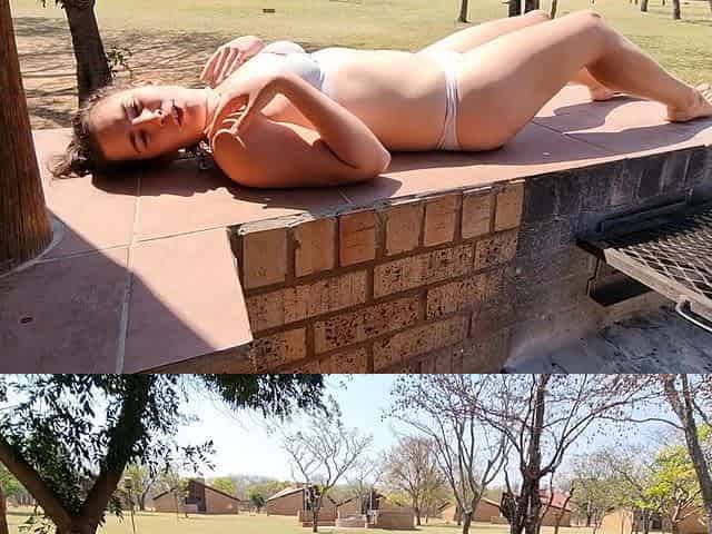 Cum Faced Bikini Girl Tanning in Public After Sucking Cock