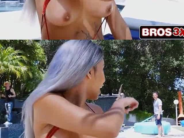 Oiled Up and Double-Stuffed, Breasty Brown Bunny Screams as The one and the other Slip In