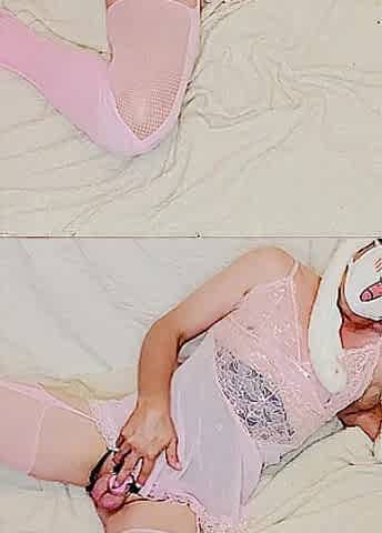 Sissy gets hawt rubbing love button then rides penis with squirting handsfree climax