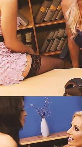 Gemma's Party Scene 4: Brunette and Blonde Lesbian MILFs in Lingerie Fuck Their Pussies with a Dildo