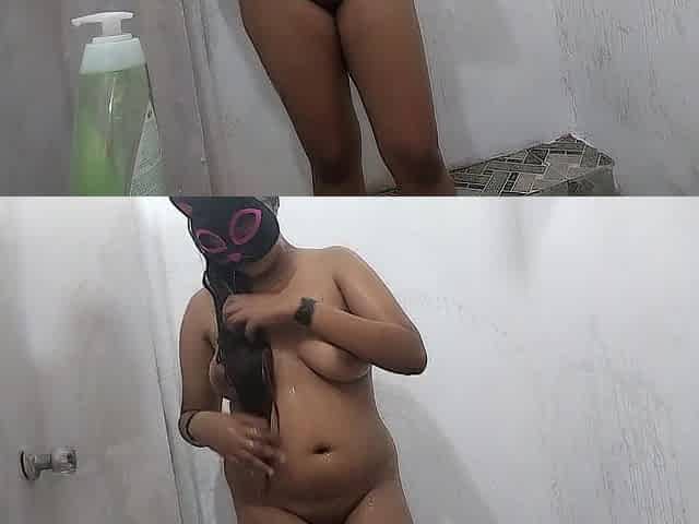 Breasty brunette hair takes a shower at home and puts soap on her smutty, darksome cunt