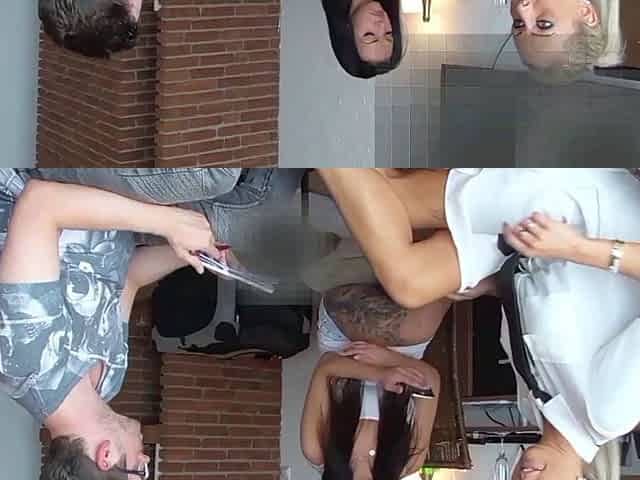 Brunette with foot fetish rubs big dick with her feet in POV