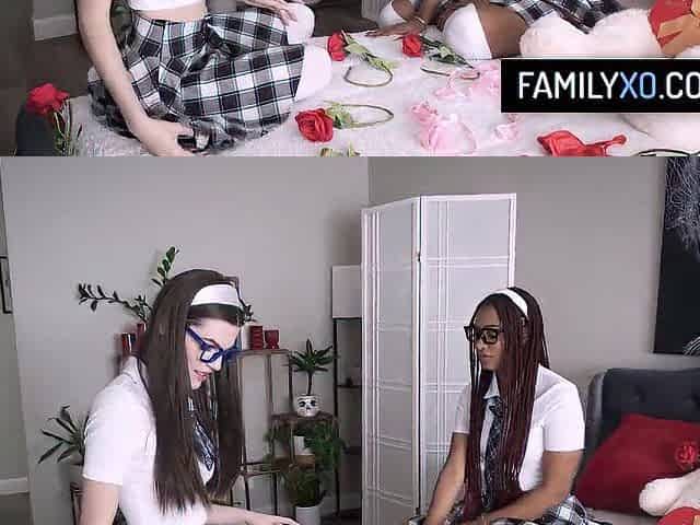Stepdad trio with his teen stepdaughters