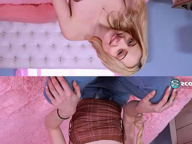 Flat blond teen Cecelia Taylor stretches out her constricted vagina with a large toy.