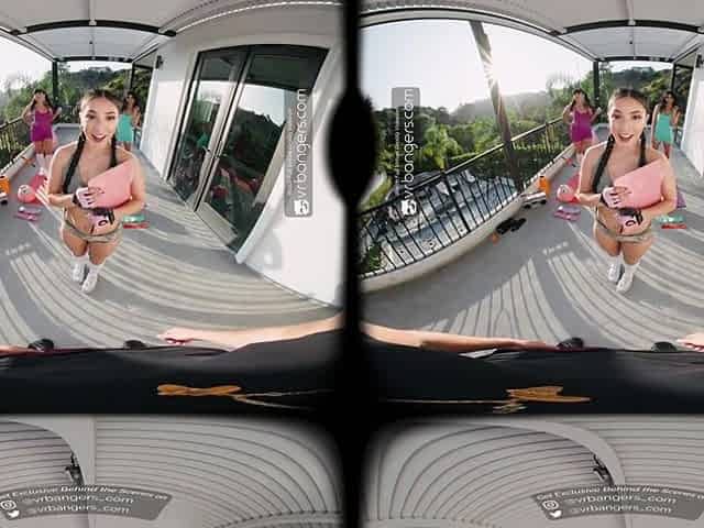 VR Bangers: 3 Large-booty Brunettes Deepthroat Your Shlong in An Outdoor Fitness Foursome - VR Porn