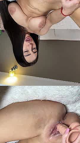 Hot brunette hair with large natural bazookas enjoying a big sex-toy solo ????