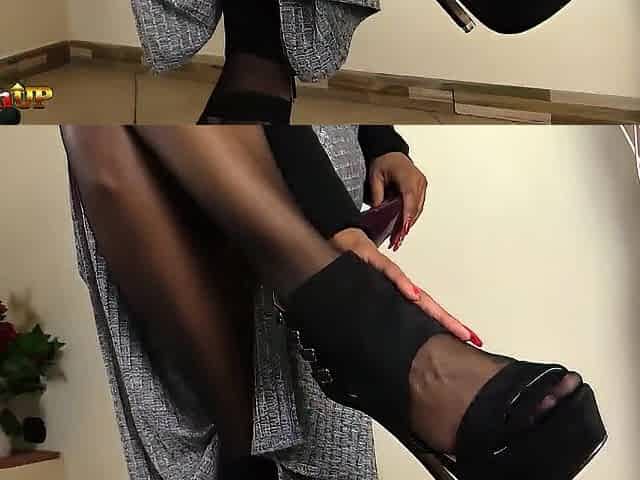 Excited Black Angel gives footjob and masturbates in nylons