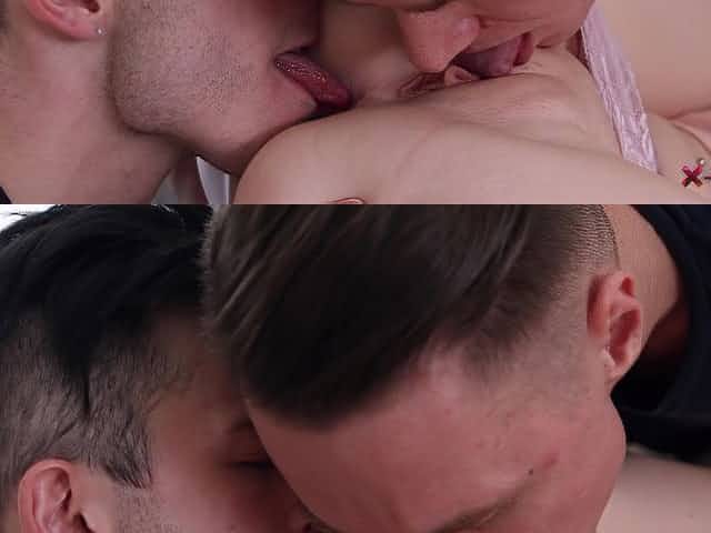 Pale slim teen Hanna Rey feels happy as she works on two dicks (FMM)