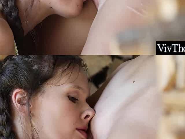 See breasty brunette hair and fiery redhead eat every other's twat
