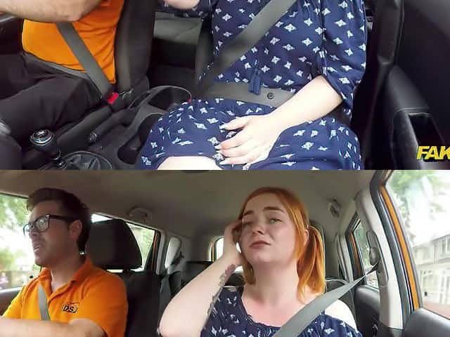 A fat redhead chick rides a stiff dick during a driving lesson