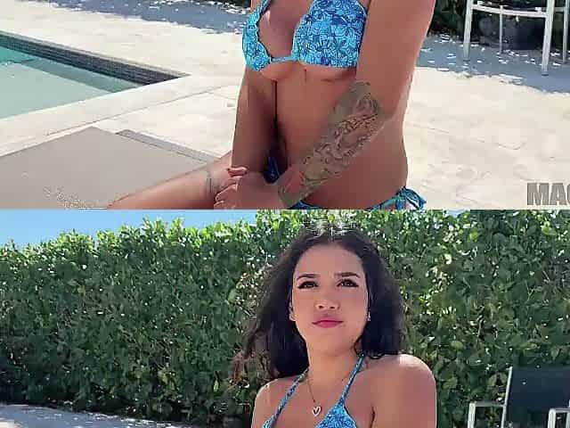 Small Latin babe Neighbour Gets Caught Tanning in JMac's Pool and Gets Banged and Folded by Him - Alice Thunder -
