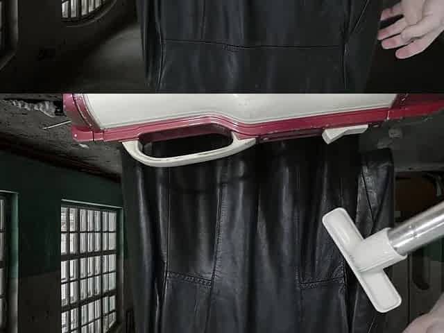 Vacuuming Girlfriend's Italian Leather Cute Jacket with vintage Electrolux Vacuum Cleaner