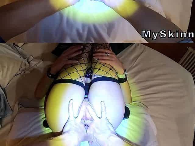 glamour tiny angel in nylons is blindfolded and permeated by two dildos