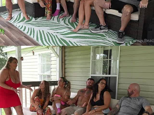 Voluptuous brunette shares passionate outdoor mature orgy