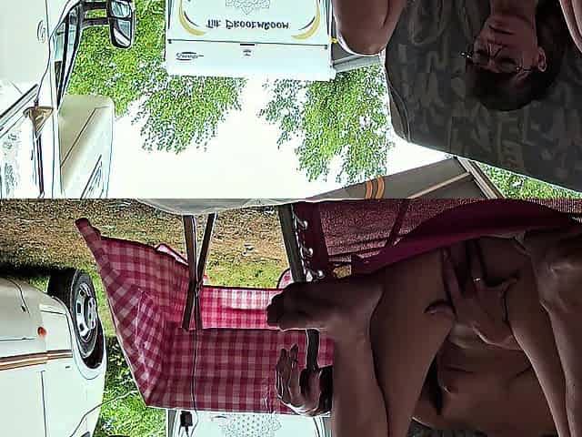 Morning workout at nudist camping: Fingering squats and squirt