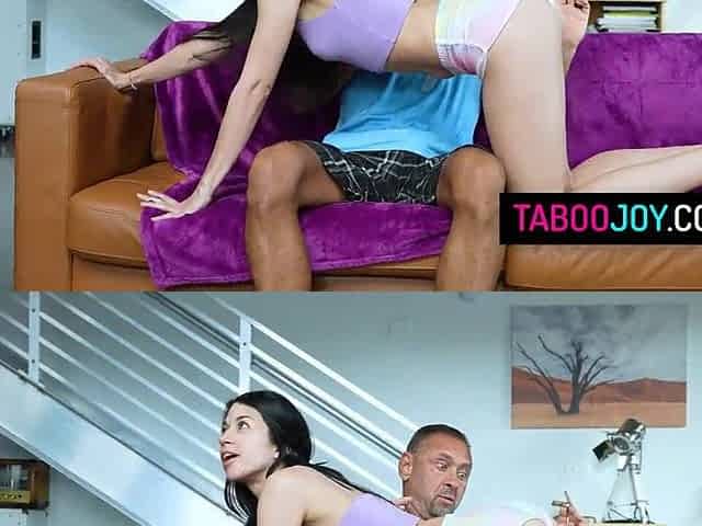 Slutty teen climbs on her stepfather and starts to kiss him and feed him her boob and rides on his weenie hard