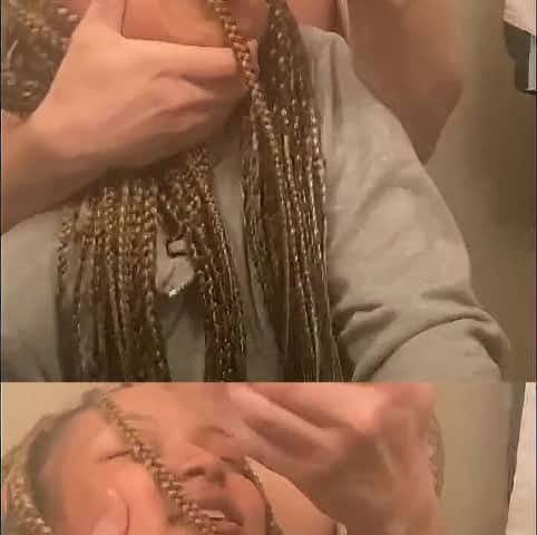 Blasian bent over bath sink during the time that roommates in other room