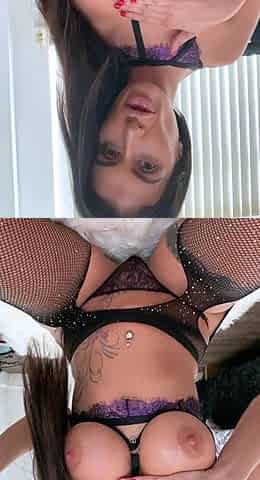 Busty curly brunette with big boobs fucks on couch