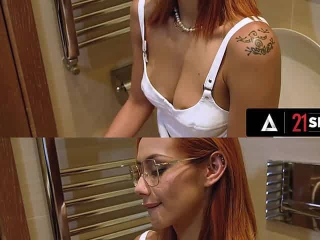 Gorgeous redhead with a perfect body wearing glasses gets her yammy asshole rammed with passion and creampied