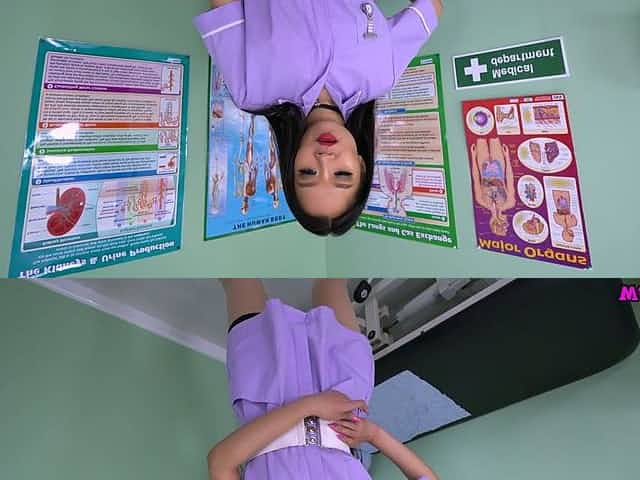 Asian slim nurse in sexy uniform Louisa Lu shows wet pussy upskirt