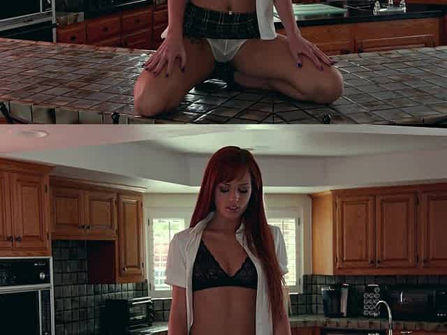 A couple enjoys intimate moments with a redhead in their house