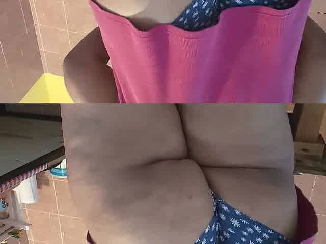Plump buttock cooking in pants and shows shaggy
