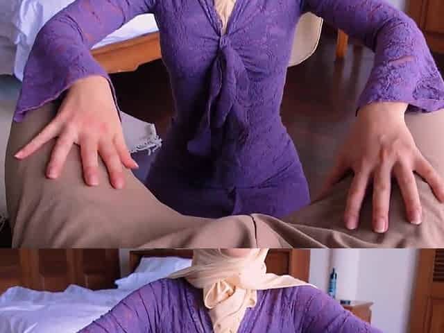 My hot big ass stepmom wearing a purple hijab teases my cock with her hands, then rides it in reverse-cowgirl position