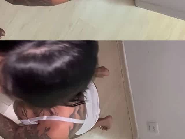 Youthful tattooed angel suffered on a ebony jock and came.