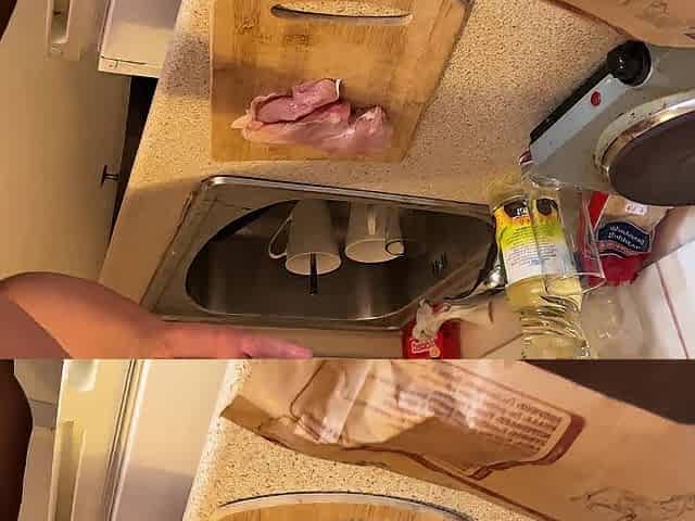 Cali is cooking topless in the kitchen