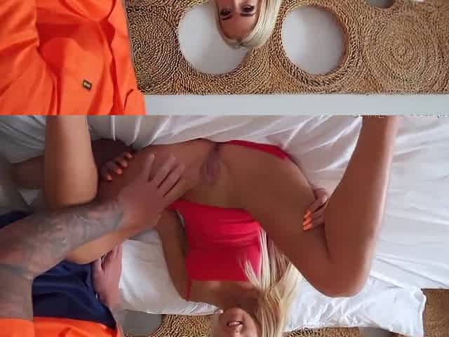 Blond tiny slut gets caught masturbating housemate