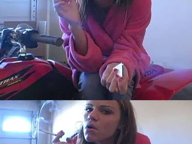 Smoking cigarette in Garage in Bathrobe