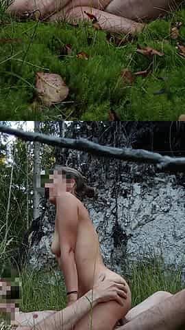 Amateur pair screwing on soft moss in the centre of the forest
