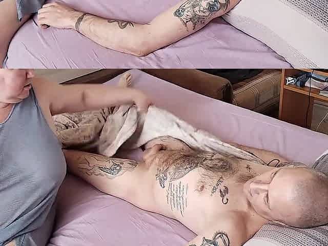 plump woman wakes me up by masturbating my knob