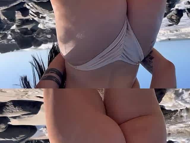 Sensual outdoor beach fuck with hot tattooed curvy Brunette in bikini