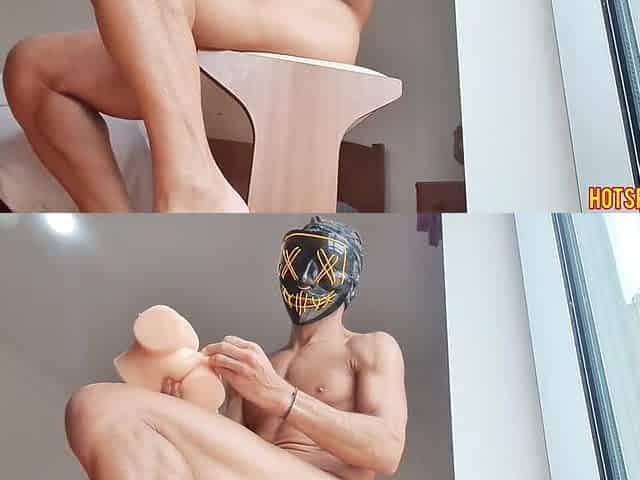 Halloween - Masked chap with fit body screwing fake butt cumming twice
