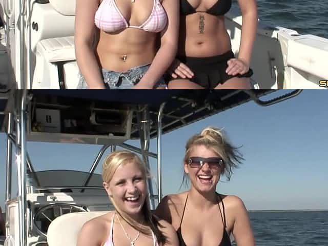 Bikini babes at sea flash their perky tits on the boat