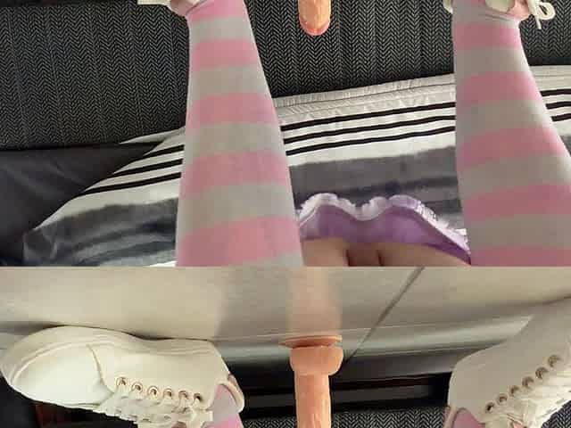 Femboy Riding a Dildo. Locked in Chastity While Wearing Thigh High Socks