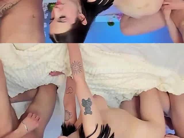 Busty teen get two facials after sucking and fucking two guy