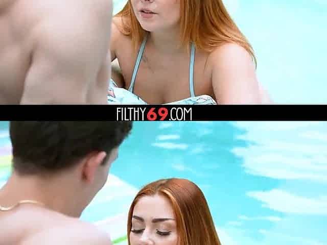 Stepdad and stepson screw redhead teen by the pool